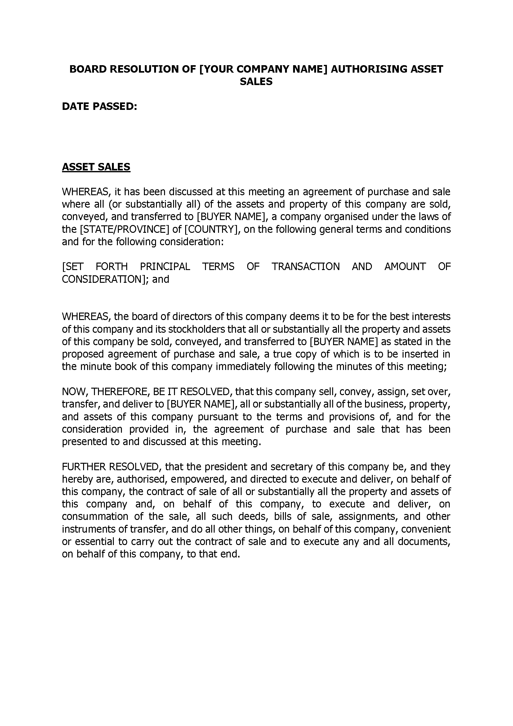 Board Resolution Of [Your Company Name] Authorising Asset Sales